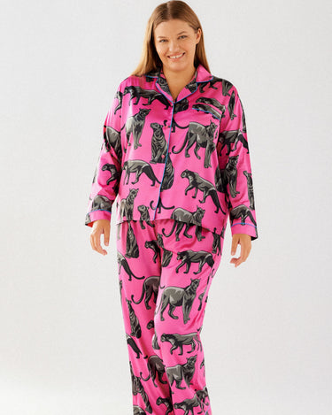 Curve Hot Pink Jaguar Satin Button Up Long Pyjama Set